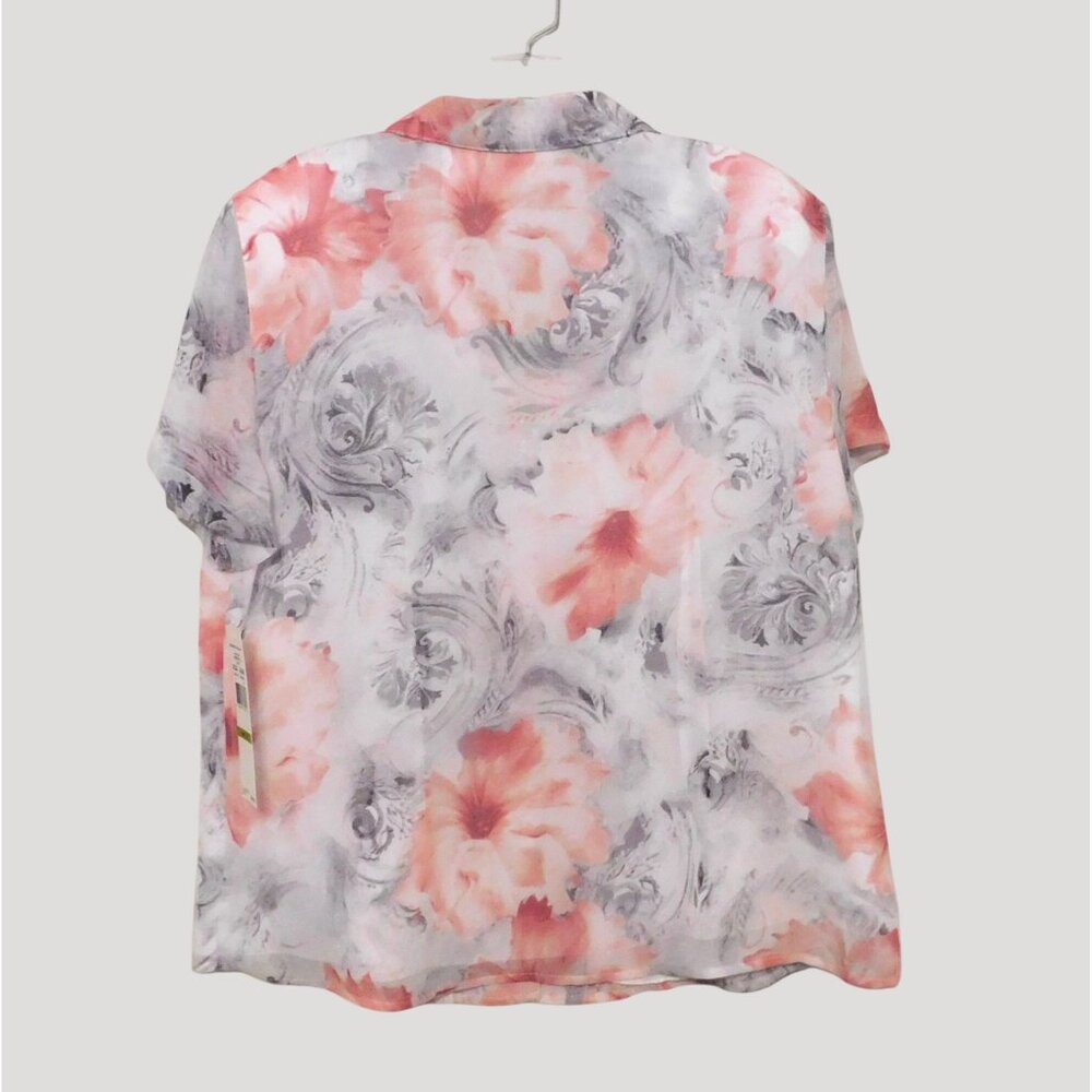 Alfred Dunner Womens Blouse Size 14 Pink Gray White Floral Short Sleeve Button - Picture 6 of 7